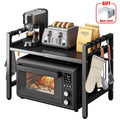 Microwave Oven Rack Expandable Countertop Shelf – Heavy Duty Carbon Steel Stand with 6 Hooks, Adjustable Height & Width, Dust Cover Included