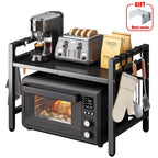 Microwave Oven Rack Expandable Countertop Shelf – Heavy Duty Carbon Steel Stand with 6 Hooks, Adjustable Height & Width, Dust Cover Included
