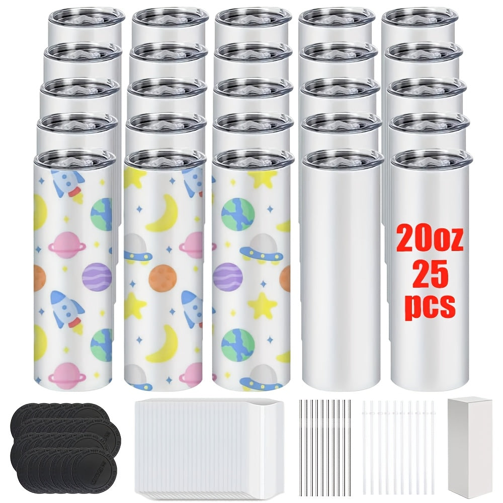 20oz Sublimation Tumblers Bulk 25 or 50 Pack – Skinny Straight Stainless Steel Insulated Sublimation Blanks with Lid & Straw, Gift Box Included