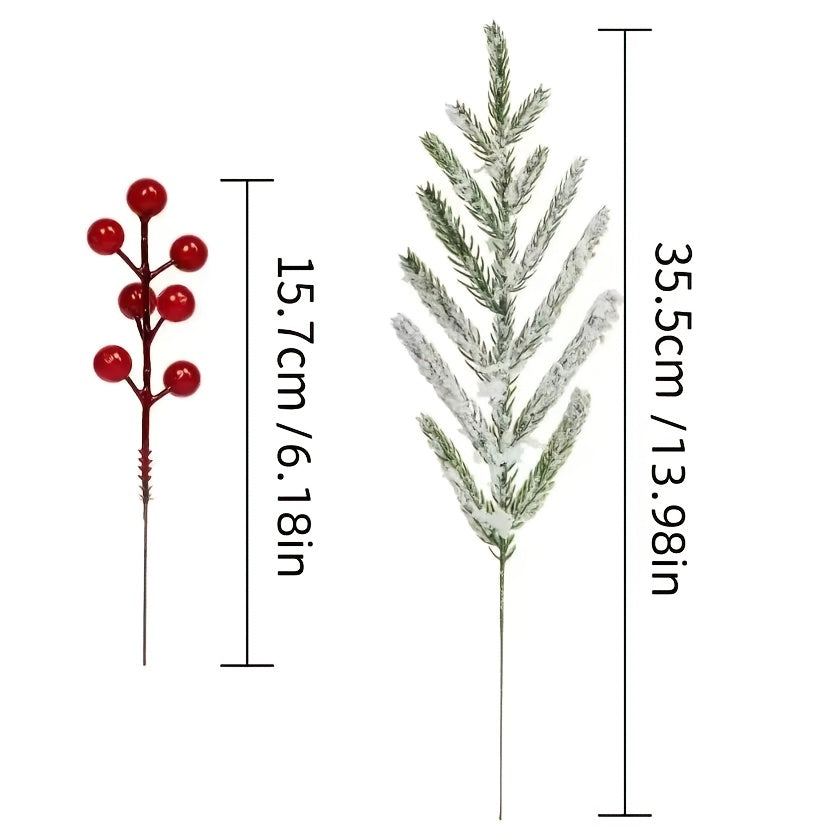 Artificial Christmas Greenery Stems with Red Berries 20pcs 14 Inch Flocked Norfolk Pine Picks for DIY Wreaths Xmas Tree Holiday Centerpiece Indoor Home Vase Filler Decor