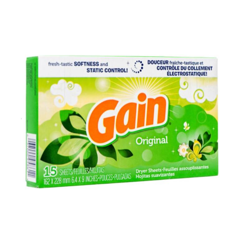 Gain Dryer Sheets Original Fresh Scent 15-Count Fabric Softener Sheets Static Control Wrinkle Reduction Long-Lasting Laundry Scent 1-Pack or 15-Pack