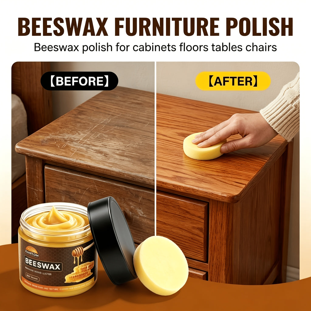Wood Beeswax Protector Polish with Polishing Sponge – Non-Greasy Formula Boosts Gloss & Durability for Cabinets, Stairs, Cutting Boards & Hardwood Furniture