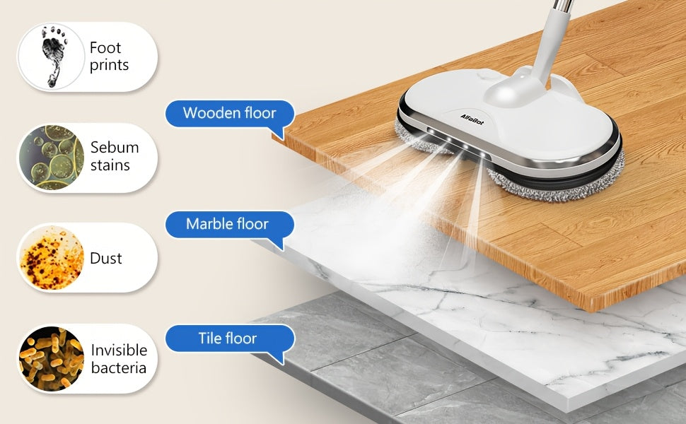 Cordless Electric Spin Mop with LED Headlight & Water Sprayer - Dual Motor 150RPM, 180ml Tank, Rechargeable Floor Scrubber for Hardwood, Tile & Marble | Lightweight for Elderly