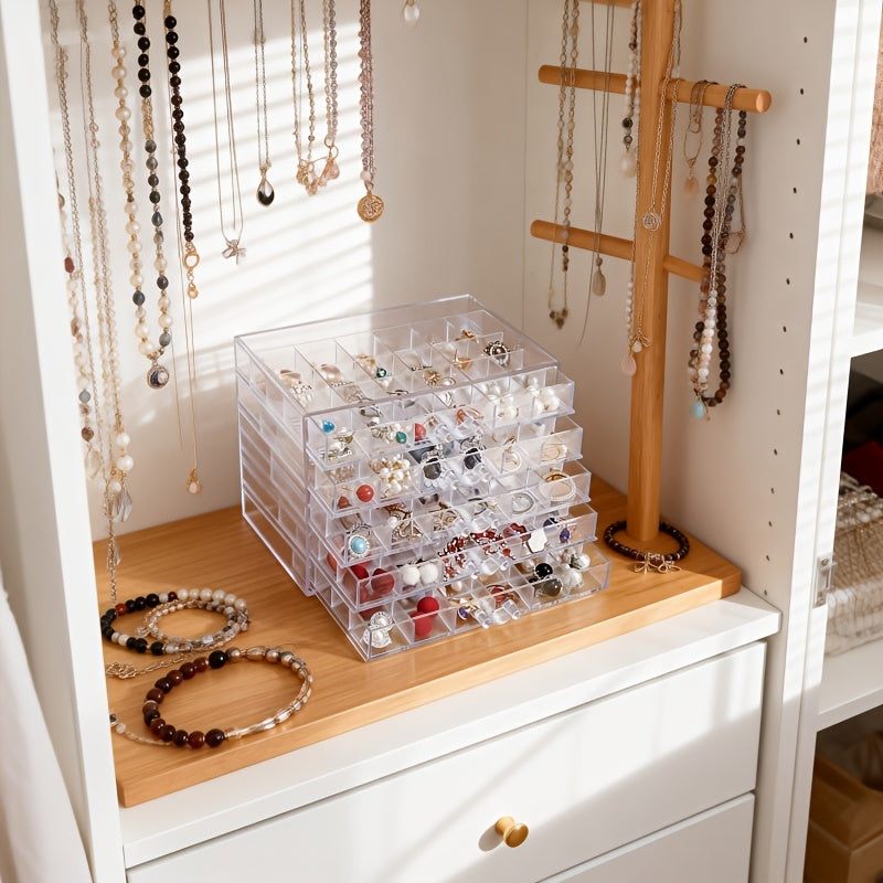 Acrylic Jewelry Storage Box 72/120 Slots Layered Organizer – Large Capacity Display Case for Earrings, Necklaces, Bracelets, Rings & Watches – Clear Stackable Jewelry Organizer Box for Women