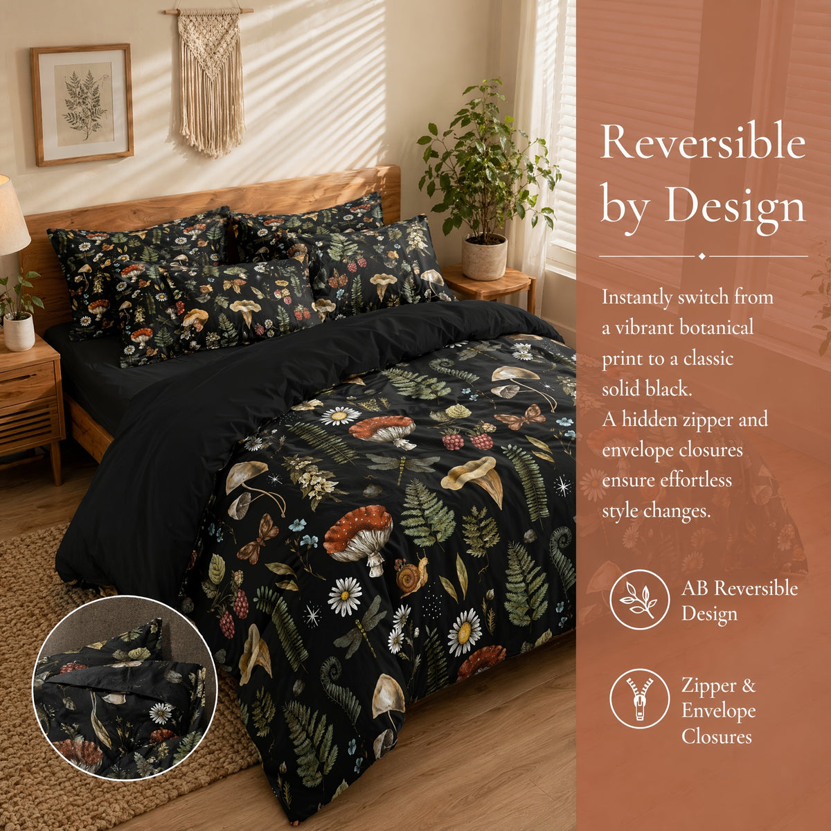 Mushroom Forest Print Duvet Cover Set 3 Piece Soft Polyester Quilt Cover with 2 Pillowcases Cottagecore Bedding Twin Full Queen King