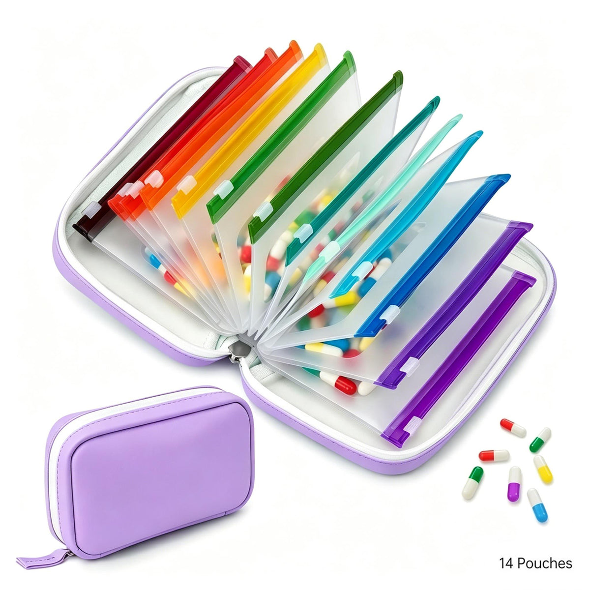 Weekly Pill Organizer Bag Set – 14 Color-Coded Waterproof Zipper Bags Reusable Travel Medicine Storage for Vitamins Fish Oil Daily Supplements