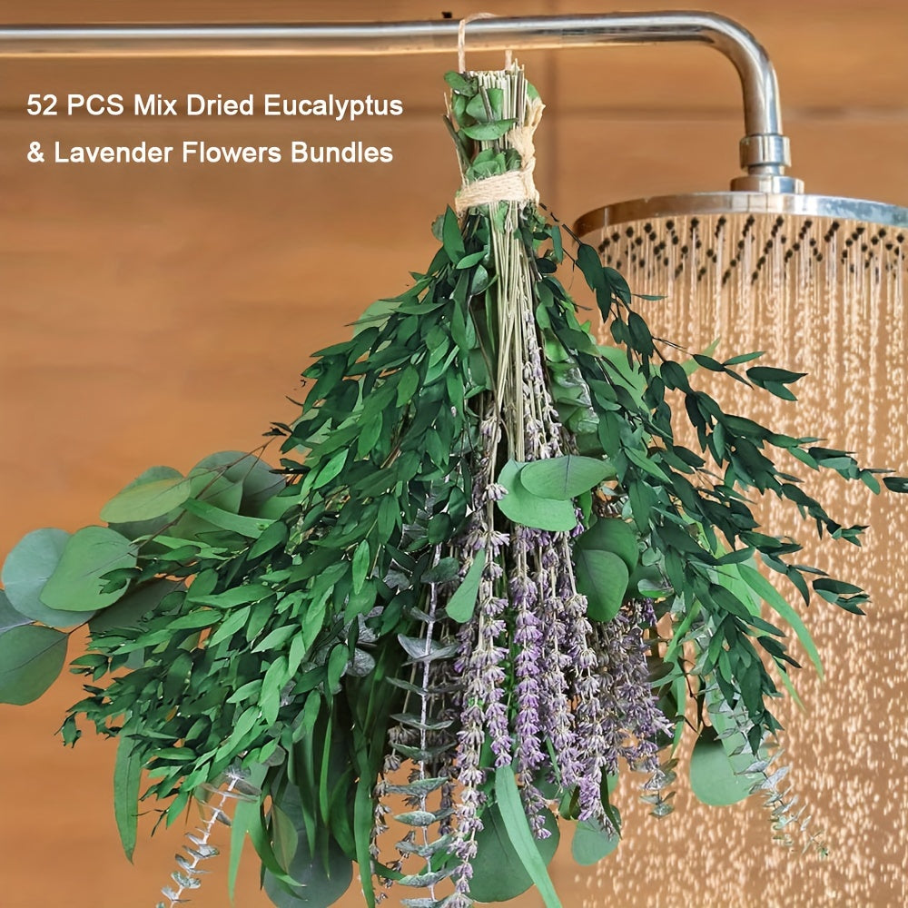 Eucalyptus Shower Bundle 52pcs Dried Eucalyptus Lavender Stems 17 Inch Natural Silvery Dollar Leaves Fragrant Hanging Plant for Bathroom Home Decor