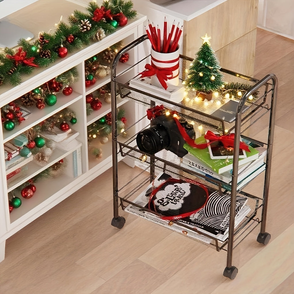 3-Tier Metal Rolling Cart with Wheels - Mesh Wire Utility Storage Trolley with 3 Hooks, Tool-Free Assembly, Rolling Shelving Unit for Kitchen, Bathroom, and Laundry Room