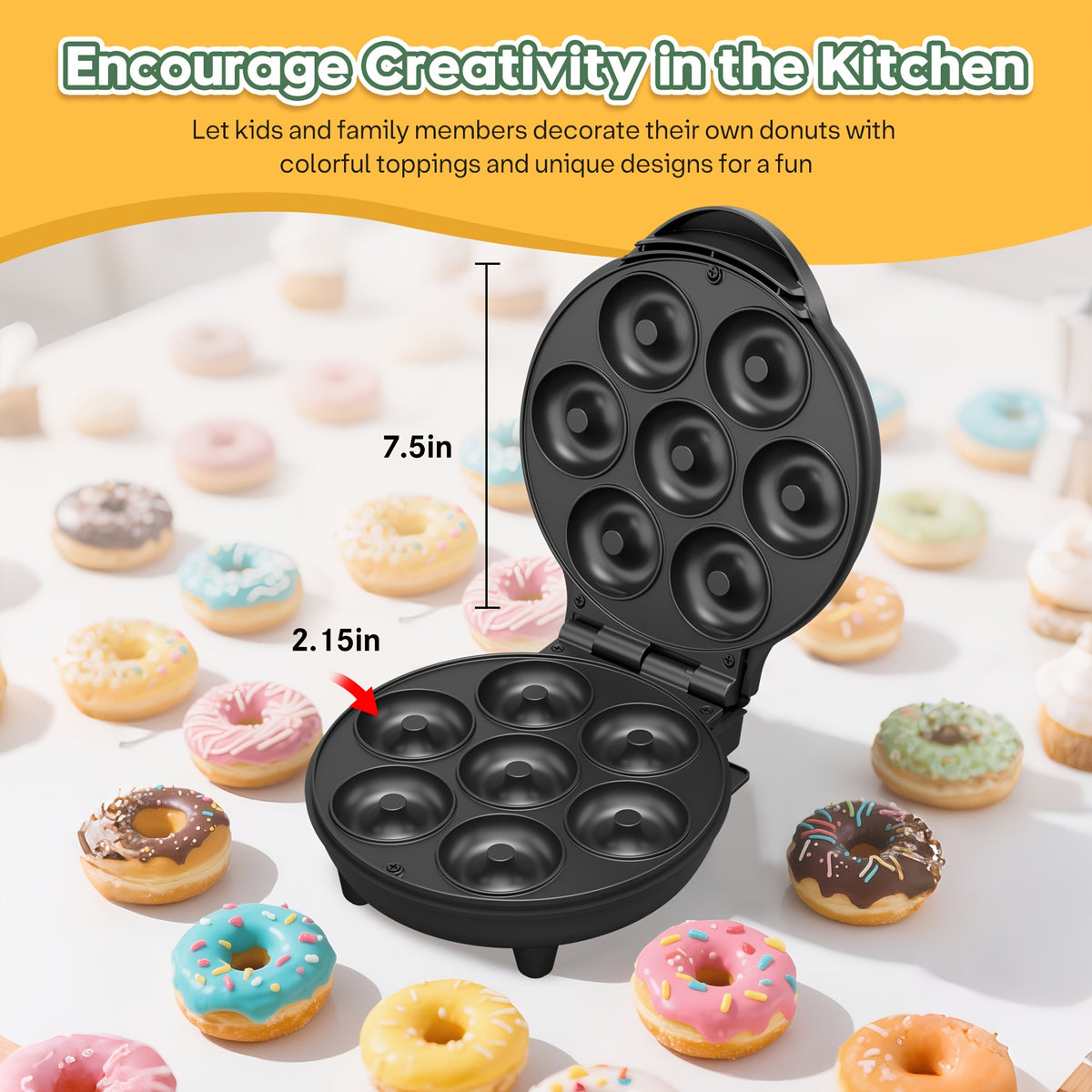 Mini Donut Maker Machine 7-Slot | Waffle Cake Maker for Breakfast Snacks & Desserts | Compact Home Baking Appliance for Kids and Families