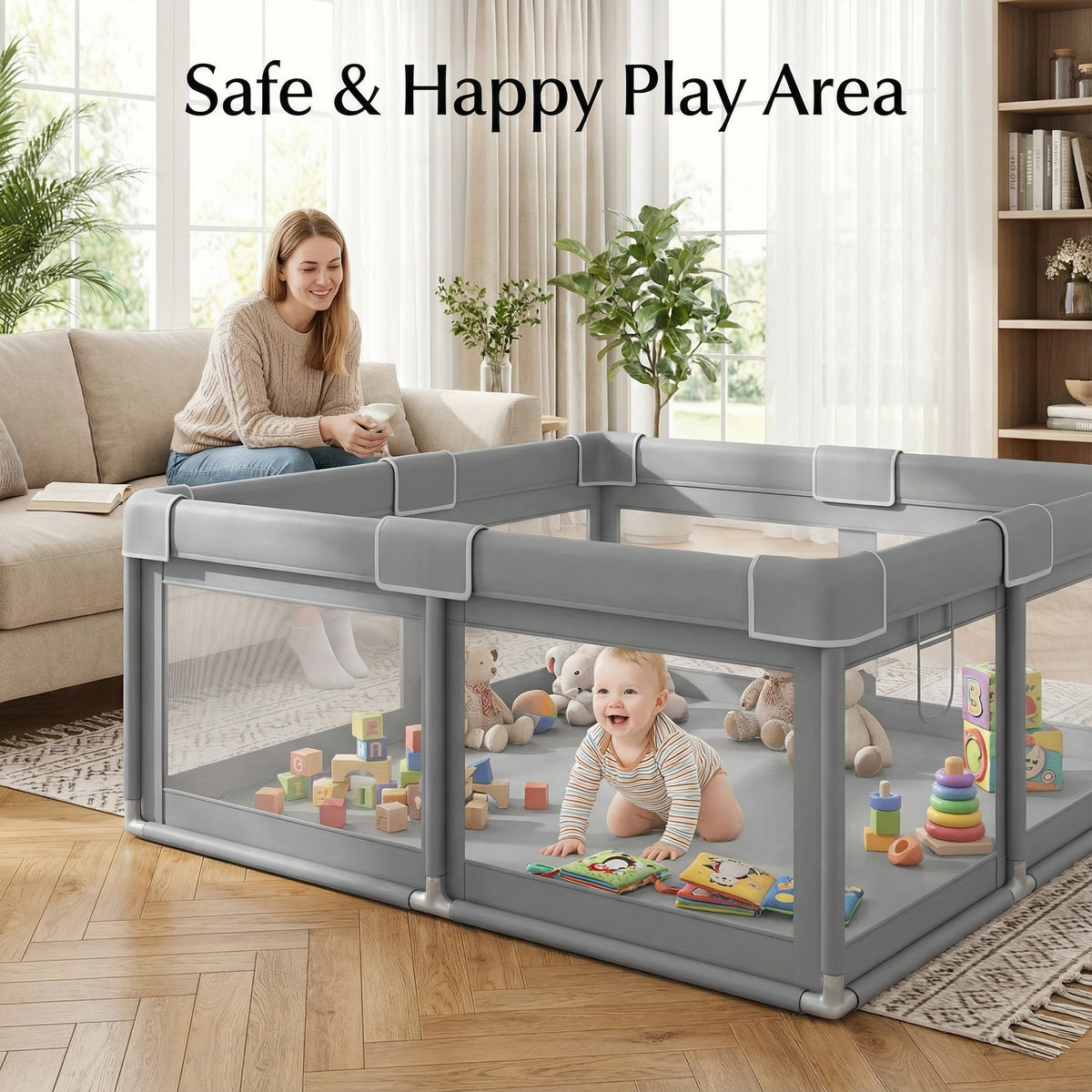 Baby Playpen 50x50 Inch Play Pen for Babies Toddlers Indoor Outdoor Baby Fence Play Yard Breathable Mesh Anti-Fall Safe Activity Center Grey