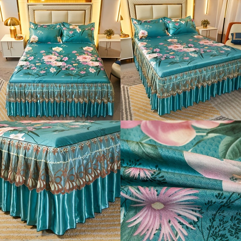 Bedding Set 3-Piece Double Layer Ruffle Bed Skirt Cool Mat with Pillowcases – Washable 360° Full Wrap Twin Full Queen King, 4 Printed Styles