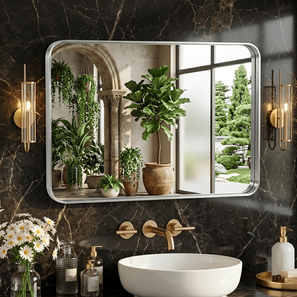 Metal Framed Rounded Rectangle Wall Mirror for Bathroom – Over Sink, Horizontal or Vertical Hanging, Modern Farmhouse Decor, Matte Black, Gold & Silver, Multiple Sizes 16x20 to 36x48 In