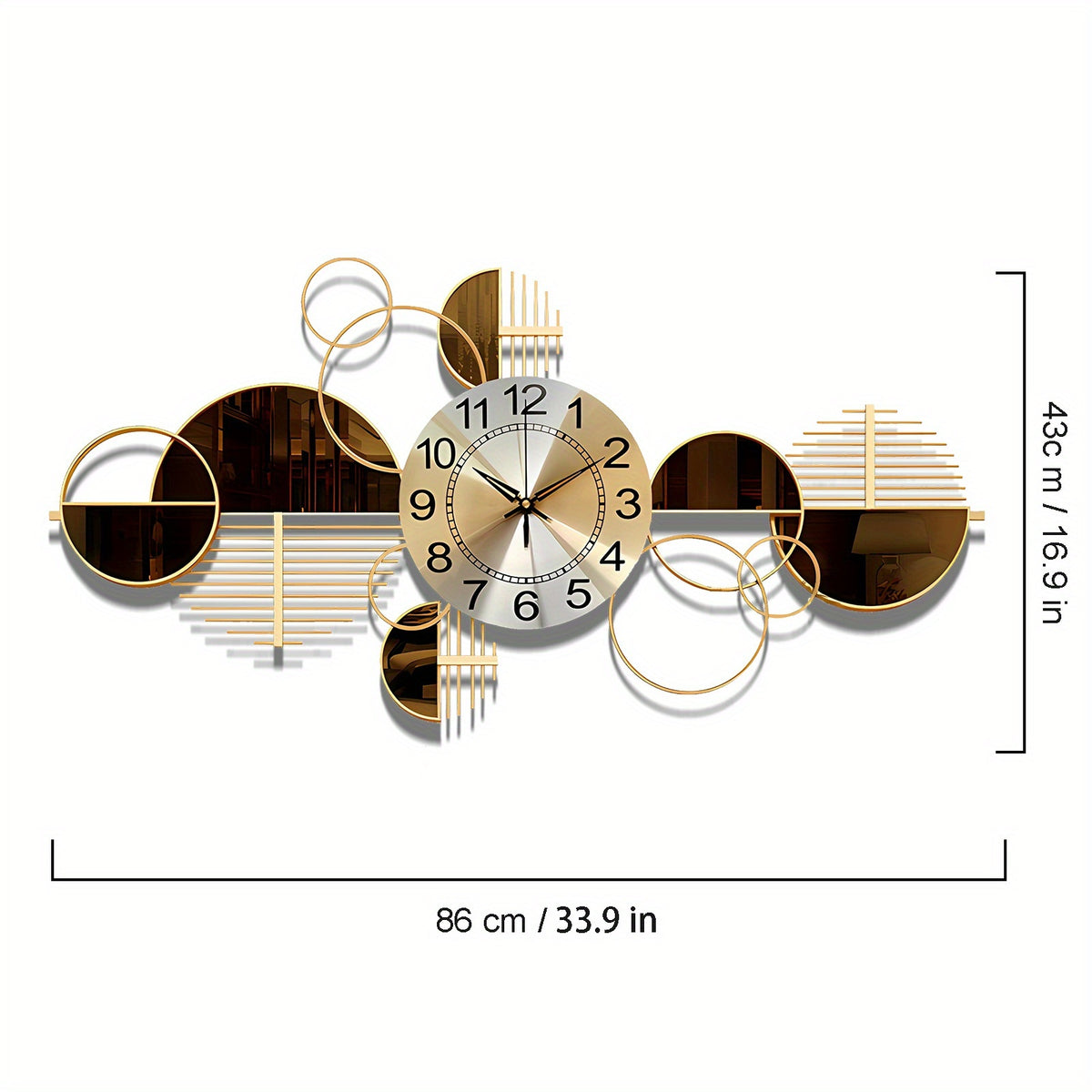 Large Metal Wall Clock 3D Decorative Silent 34x17 Inch – Modern Wall Art Clock for Living Room & Bedroom