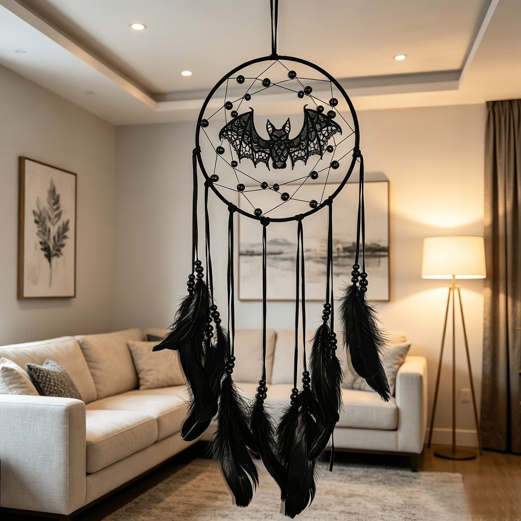 Gothic Bat Dreamcatcher Boho Wall Hanging – Spooky Halloween Decor with Handmade Bat Accents, Black Feathers & Spider Web Fiber for Bedroom, Dorm & Halloween Gift for Kids & Goth Lovers
