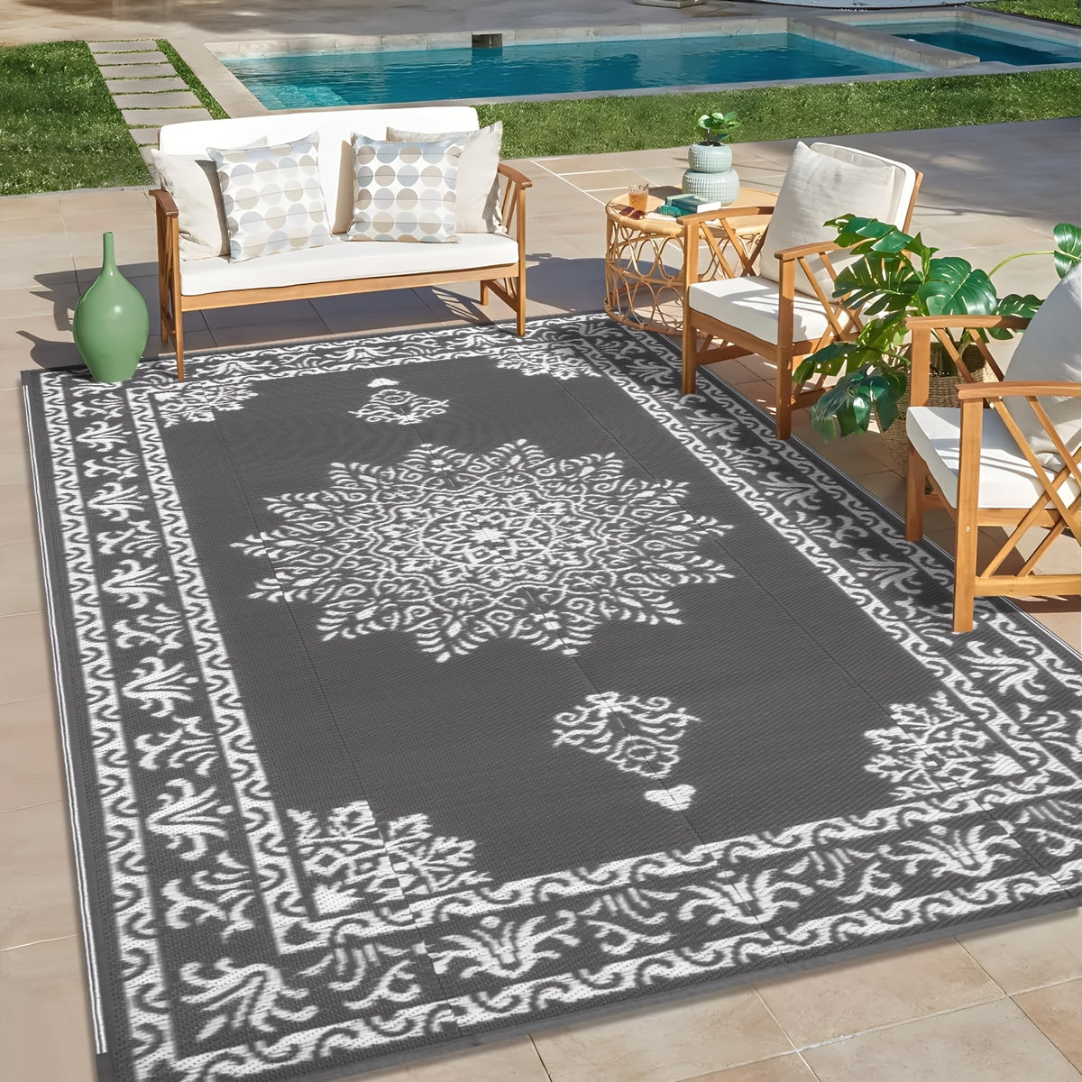 Outdoor Patio Rug Plastic Straw Reversible UV Resistant Portable RV Mat Indoor Outdoor Carpet Porch Deck Balcony Backyard Orange Teal Grey Brown 5x8 6x9 8x10 9x12 ft