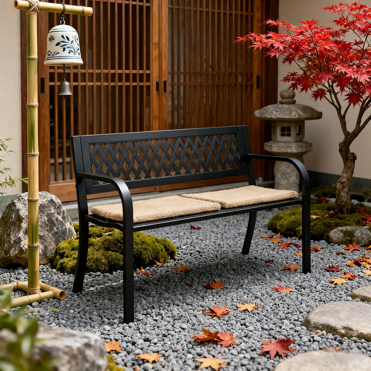 Outdoor Metal Garden Bench 47in with Backrest Armrests 500LBS Capacity Park Bench for Courtyard Garden Yard Front Porch Black