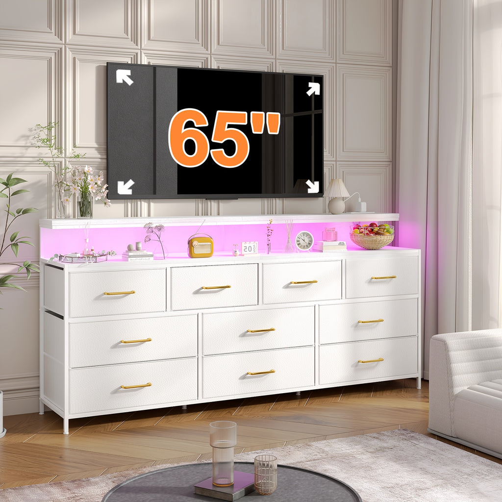 55" Wide Dresser for Bedroom with 10 Drawers, LED Lights & Power Outlets – Long Storage Chest, TV Stand up to 65", Metal Frame + Wood Top, Built-in Charging Station, Tiger Print / Black Wood Grain