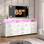 55" Wide Dresser for Bedroom with 10 Drawers, LED Lights & Power Outlets – Long Storage Chest, TV Stand up to 65", Metal Frame + Wood Top, Built-in Charging Station, Tiger Print / Black Wood Grain