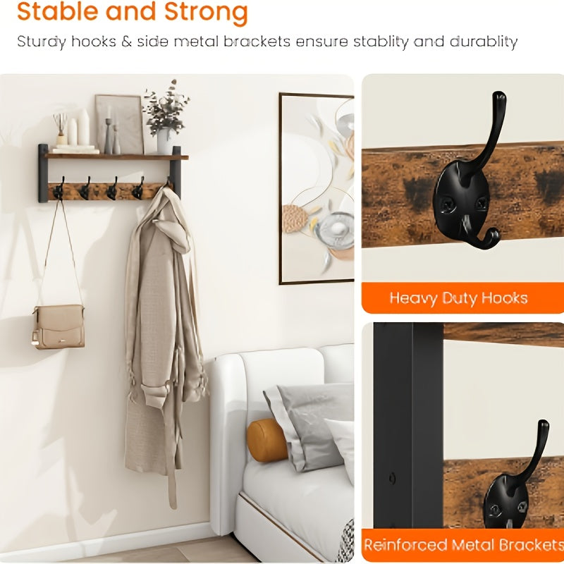 Wall Mounted Coat Rack with Shelf & Hooks – Heavy Duty Industrial Metal Entryway Organizer, Rustproof Multi-Hook Storage for Hallway Mudroom Porch, No Assembly