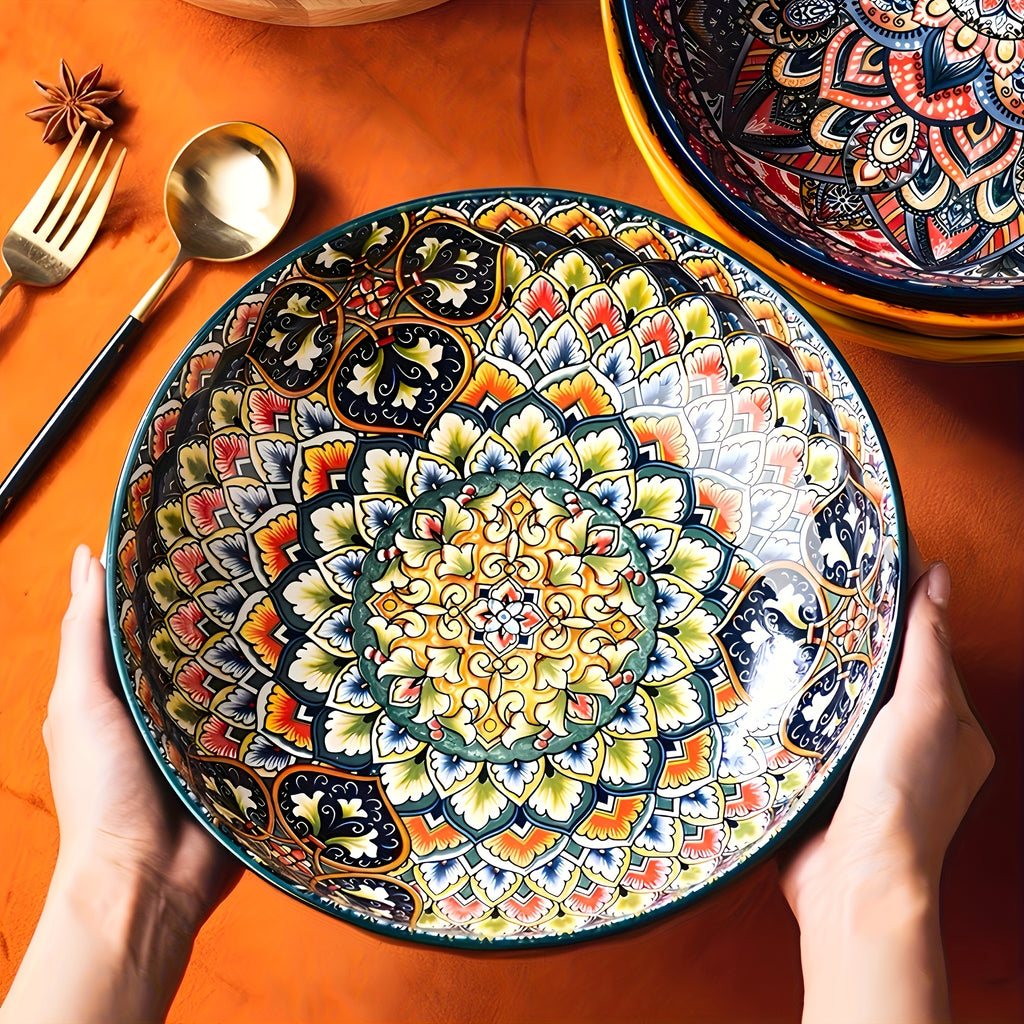 Bohemian Floral Ceramic Soup Bowl Set of 2 – Hand-Painted Vintage Tableware, Microwave Safe, 10.15in | Festive Gift