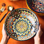 Bohemian Floral Ceramic Soup Bowl Set of 2 – Hand-Painted Vintage Tableware, Microwave Safe, 10.15in | Festive Gift