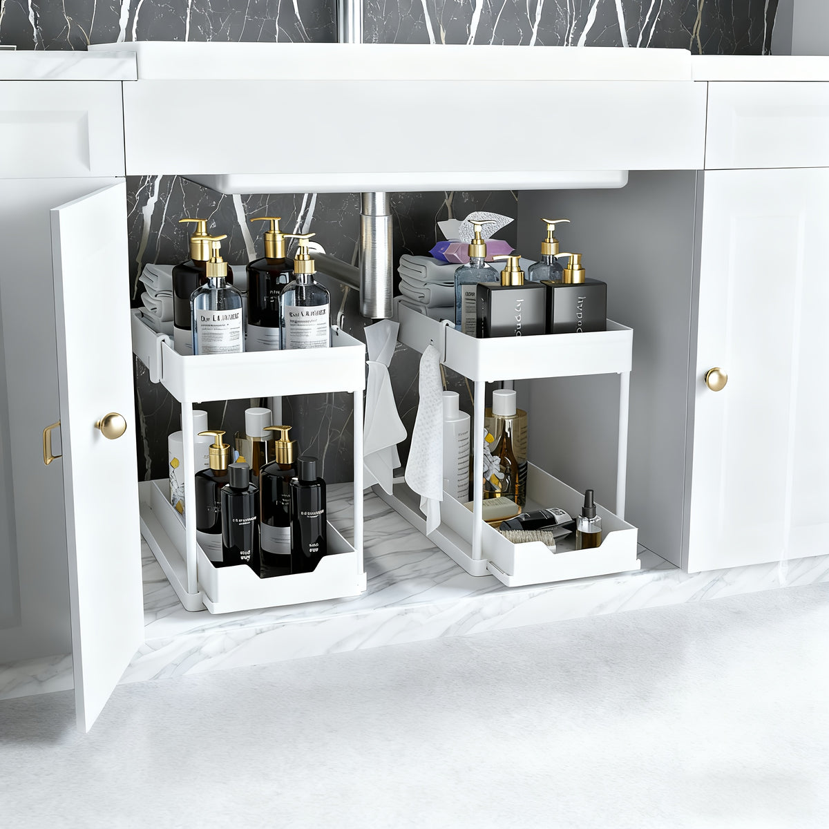 Bathroom Shelves Set of 2 – Punch-Free Retractable 2-Tier Storage Rack with Hooks & Hanging Cups for Bathroom, Kitchen & Laundry