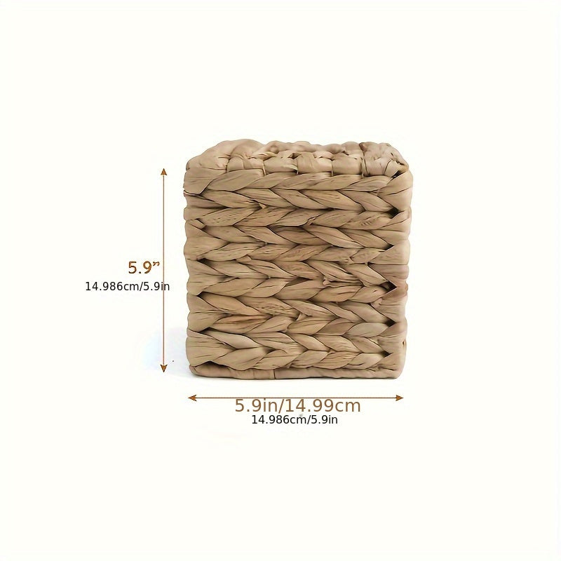 Boho Wicker Tissue Box Cover Square | Water Hyacinth Decorative Woven Facial Tissue Holder for Table, Bathroom & Vanity | Art Deco Style | Yellow