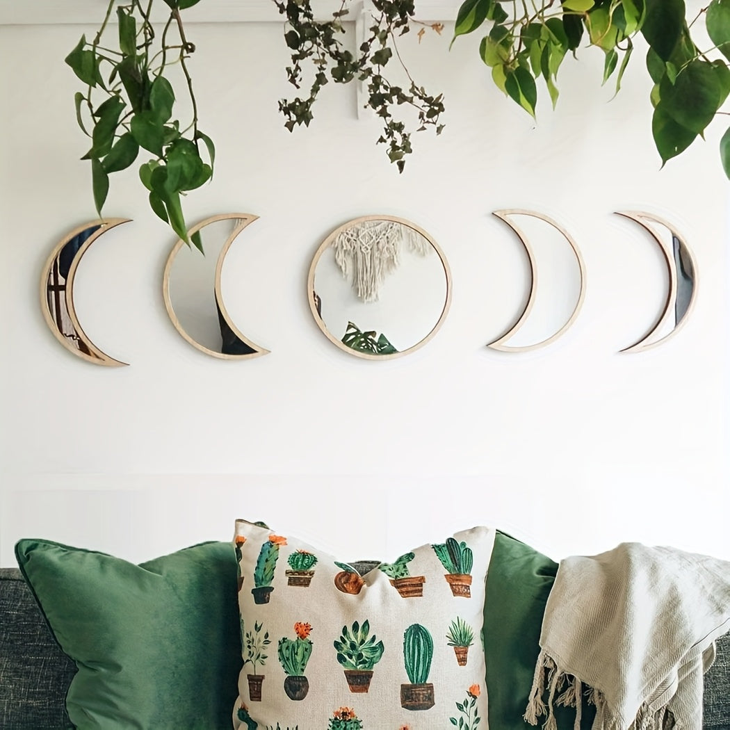 Moon Phase Mirror Set of 5 - Boho Scandinavian Acrylic Wall Mirrors for Living Room, Bedroom and Apartment - Decorative Bohemian Moon Wall Decor for Modern and Minimalist Home