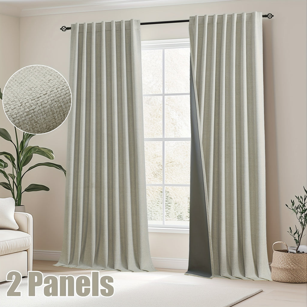 Faux Linen Blackout Curtains 2 Panels for Bedroom & Living Room – 100% Blackout, Back Tab & Rod Pocket, Thermal Insulated Farmhouse Drapes