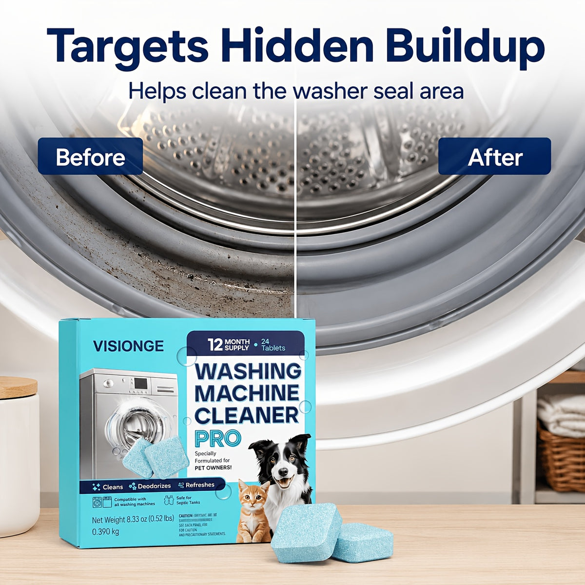 Washing Machine Cleaner Tablets 24-Pack – 12-Month Supply, Deep Clean & Deodorize for Pet Owners, Front & Top Load Safe