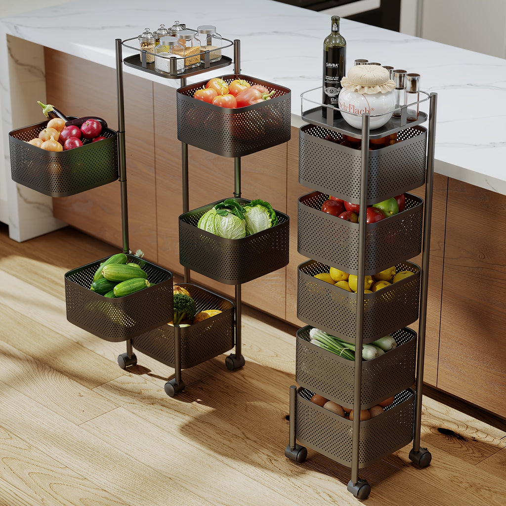 5-Tier Rotating Kitchen Storage Basket on Wheels Metal Fruit Vegetable Rack Rolling Floor Standing Trolley for Kitchen Bathroom Square Black White