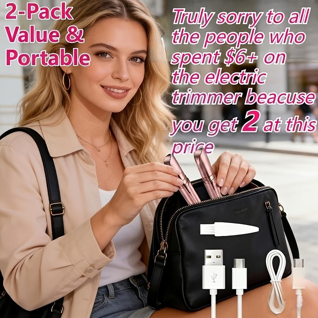 Electric Eyebrow Trimmer 2 Pack USB Rechargeable Painless Precision Hair Remover Women - Face Leg Lip Armpit Portable Razor Pink Rose Gold
