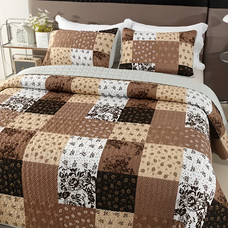 Patchwork Quilted Bedspread Set 3 Piece – Active Print 100% Polyester Quilt with 2 Pillow Shams, 90G Fill Machine Washable Soft Breathable All-Season Bedding for Bedroom & Dorm