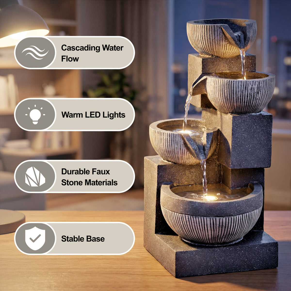 4-Tier Cascading Bowl Water Fountain 18.7" Floor Standing with LED Lights & Silent Pump – Indoor Waterfall Fountain for Home Decor, Office & Meditation