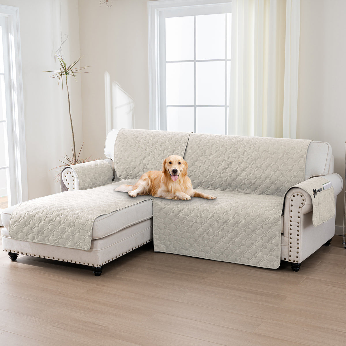 L-Shaped Sectional Sofa Cover 100% Liquid-Resistant Couch Slipcover with Non-Slip Straps for Dogs Cats Pets Left Right Chaise
