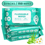 XL Flushable Adult Wet Wipes Unscented Alcohol-Free Septic and Sewer Safe Family Size 3-Pack 150 Wipes and 6-Pack 300 Wipes for Home Bathroom Travel Camping Outdoor Hygiene