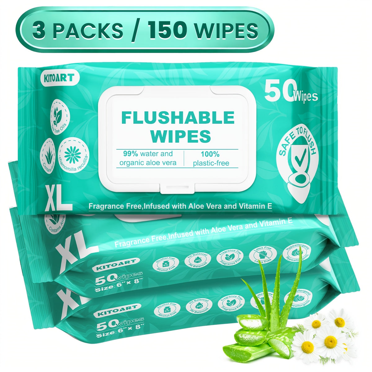 XL Flushable Adult Wet Wipes Unscented Alcohol-Free Septic and Sewer Safe Family Size 3-Pack 150 Wipes and 6-Pack 300 Wipes for Home Bathroom Travel Camping Outdoor Hygiene