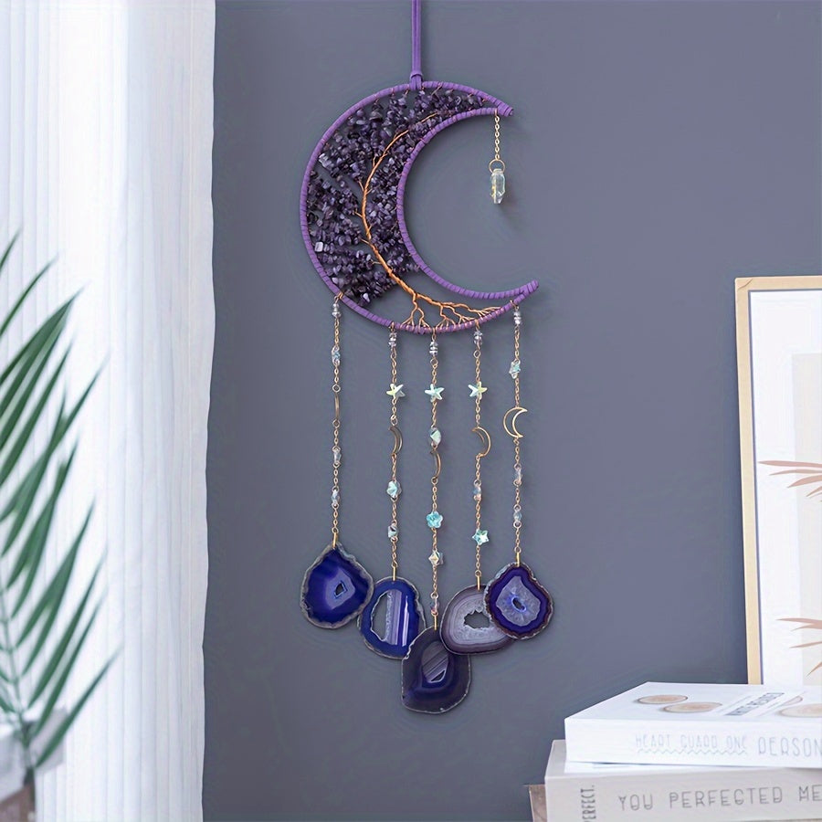 Amethyst Crystal Tree of Life Wall Hanging – Boho Crushed Stone Silk Moon Decor for Living Room, Bedroom & Nursery