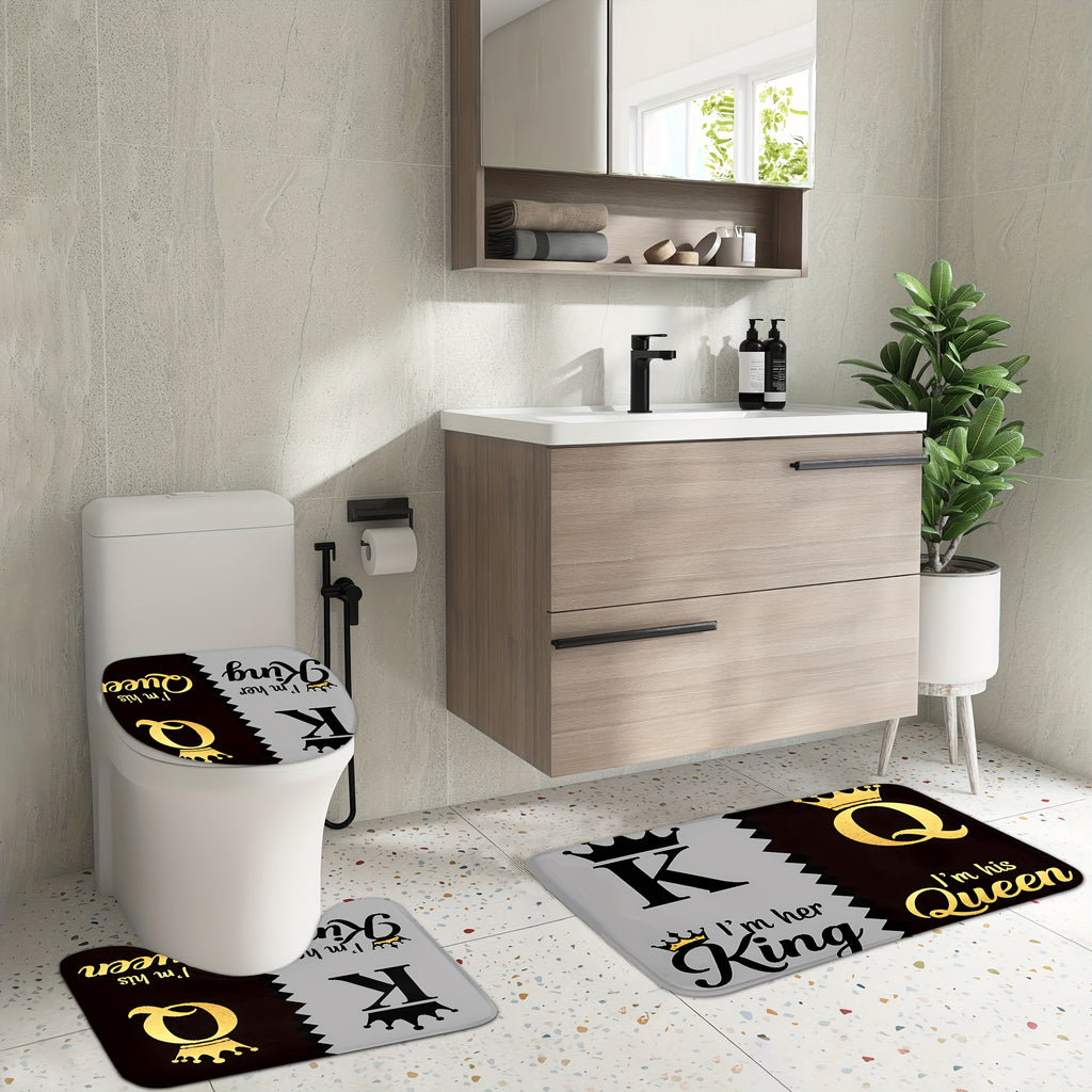 King Queen Shower Curtain Set 4pcs – Bathroom Curtain with 12 Hooks, Non-Slip Rug, Toilet U-Shape Mat & Lid Cover, Modern Bathroom Accessories