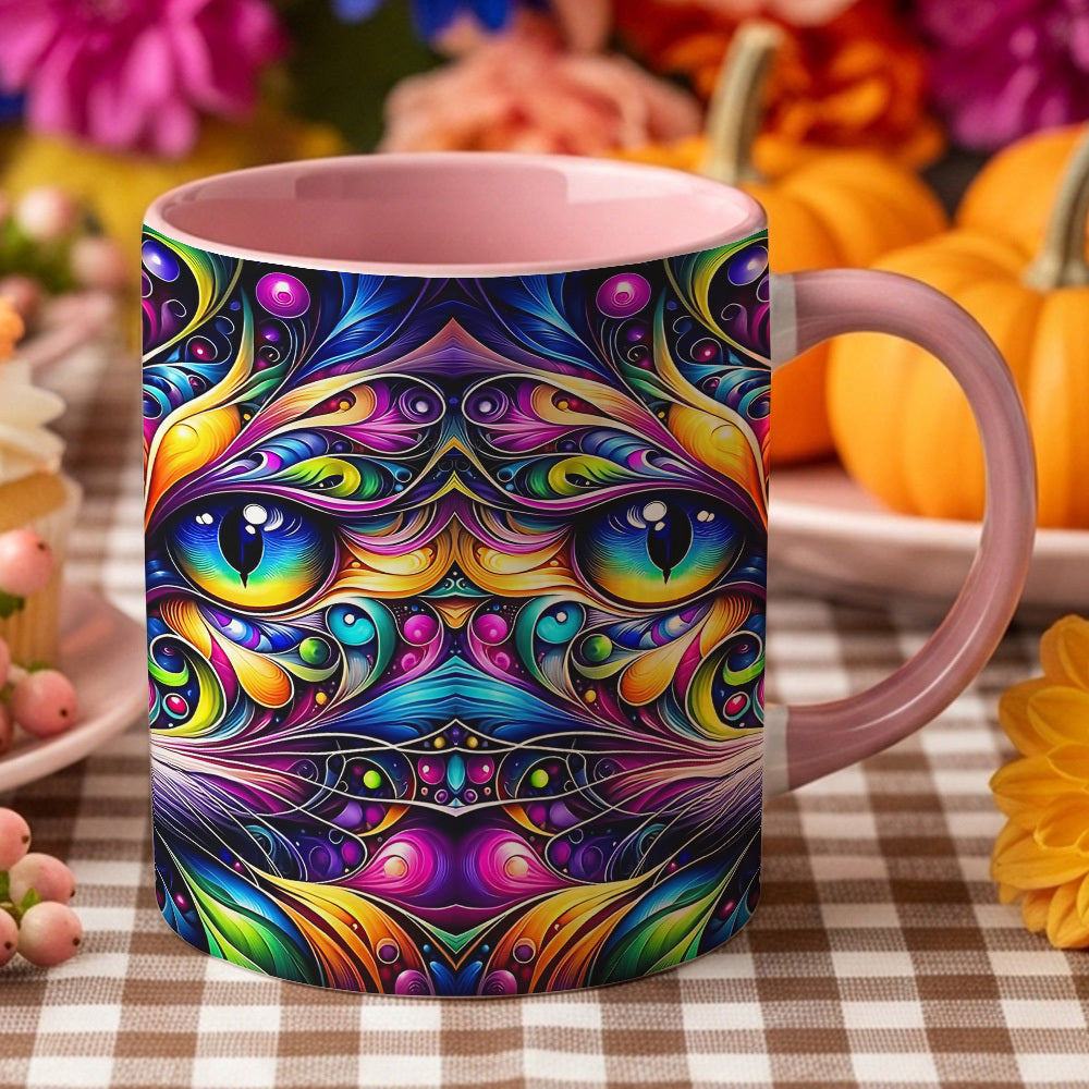 Psychedelic Cat Coffee Mug 11oz - Colorful Cute Cat Design Cup for Cat Lovers, Home & Office Use, Birthday & Holiday Gift