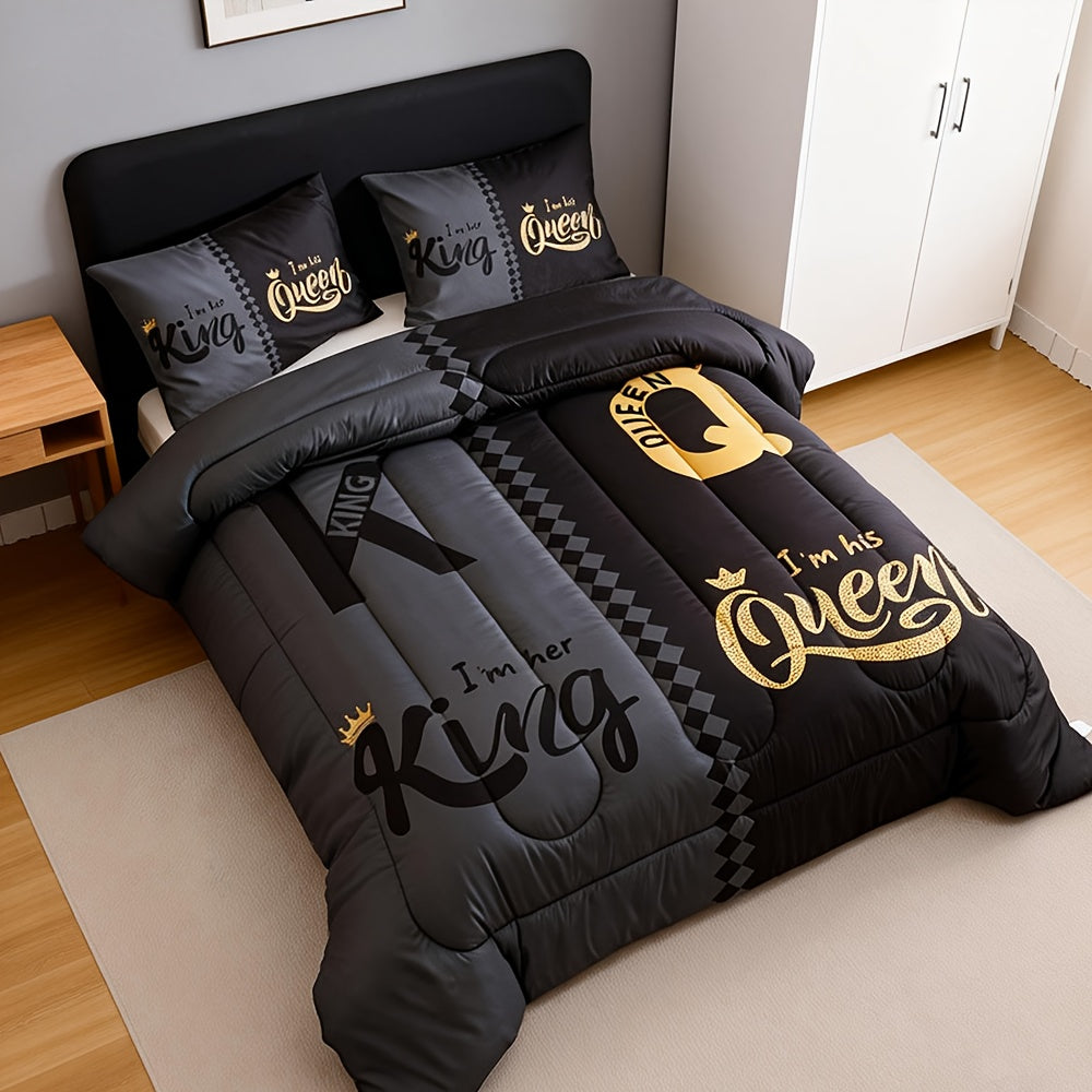 3-Piece Comforter Set Black Grey Color Block Crown Letter Print, Soft Breathable 180GSM Quilted Bedding Set with 2 Pillowcases, Digital Printing, Twin Full Queen King for Bedroom & Dorm