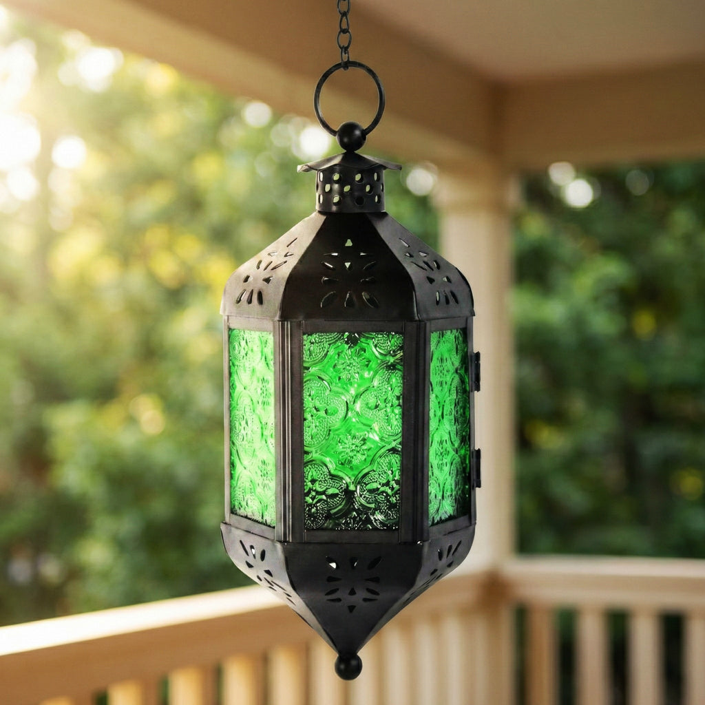 Moroccan Hanging Candle Lantern with Chain – Vintage Boho Style Iron & Glass Tealight Holder for Home, Patio, Garden, Wedding & Ramadan Decor (23.5" Overall)