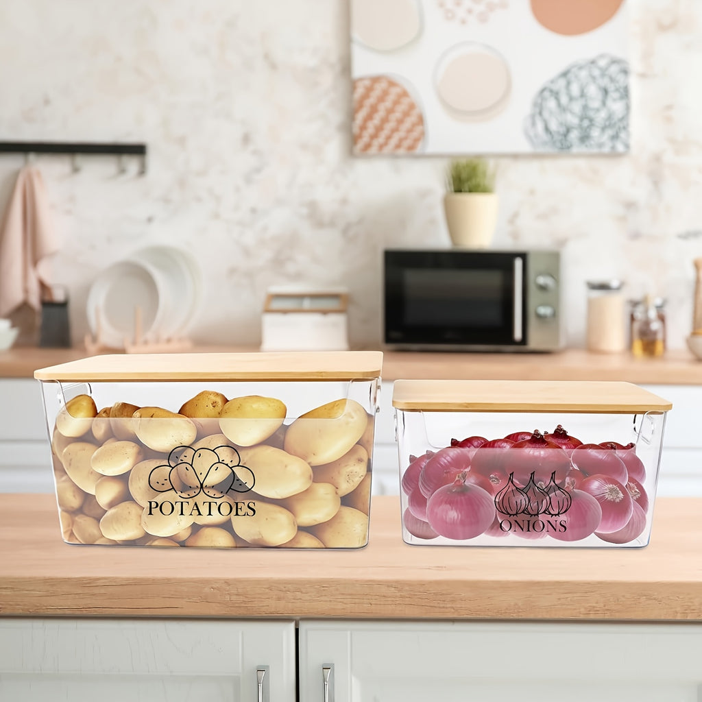 Stackable Potato & Onion Storage Container 2 Set Clear PE Bins with Bamboo Flip-Top Lid - Pantry Kitchen Counter Organizer for Vegetables