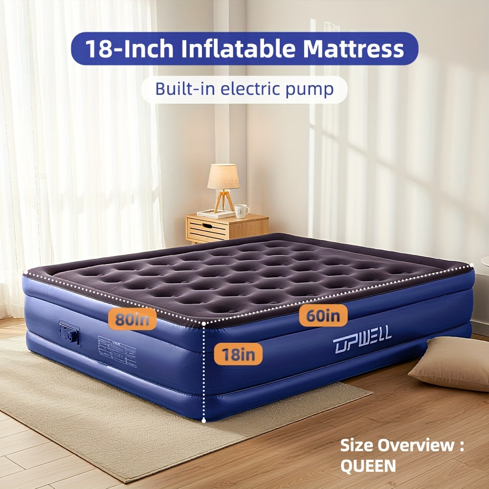 18-Inch Inflatable Air Mattress with Built-In Pump – Twin & Queen Size | Plush Velvet Top, Non-Slip Bottom | Portable Camping & Indoor Guest Bed | Durable PVC