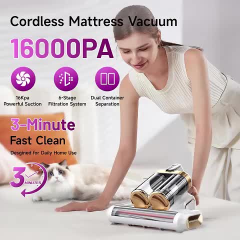 Mattress Vacuum Cleaner Cordless UV-C 21KPa – Deep Cleaning Bed Vacuum with UV Light, Soundwave Tech, Dual Dust Cup 520ml, HEPA Filter, 35-Min Battery, for Mattress Sofa Pillow & Carpet
