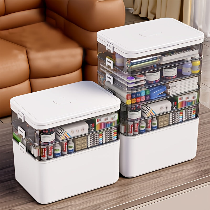 Multilayer Storage Box Large Capacity Transparent Portable Organizer with Handle and Detachable Lid Compartment for Medicine Home Travel Office Sewing Art Supplies 3 or 5 Tier