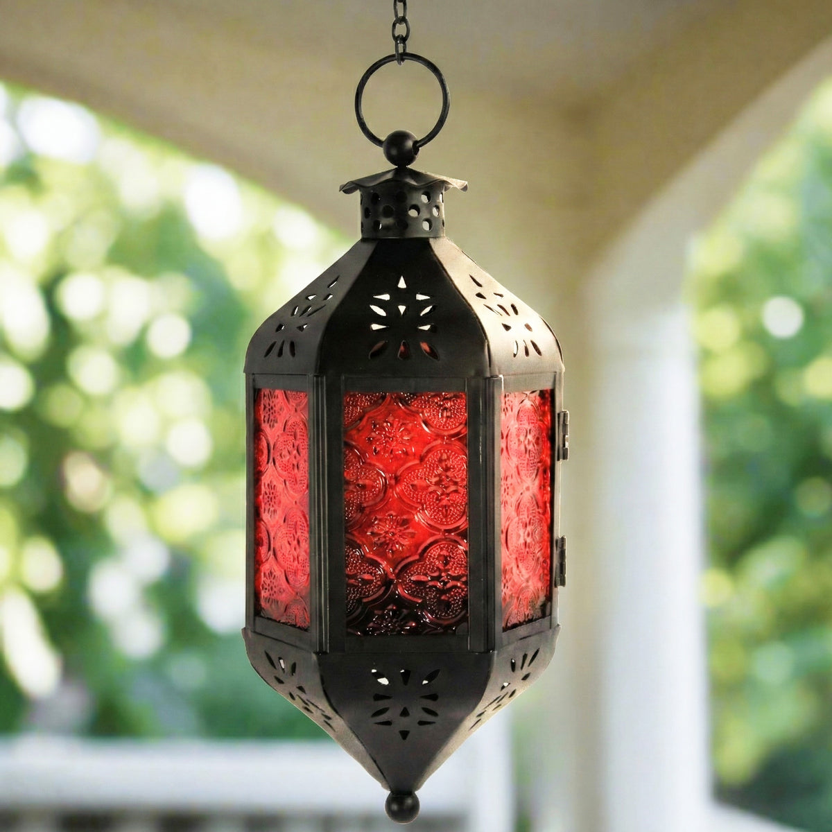 Moroccan Hanging Candle Lantern with Chain – Vintage Boho Style Iron & Glass Tealight Holder for Home, Patio, Garden, Wedding & Ramadan Decor (23.5" Overall)