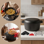 Cast Iron Dutch Oven Set 2-in-1 – 6.1QT Deep Pot & 1.9QT Frying Pan Lid, 6-Piece with Silicone Handles, Scraper & Iron Frame | Pre-Season Ready, Oven, Stove, BBQ & Induction Safe