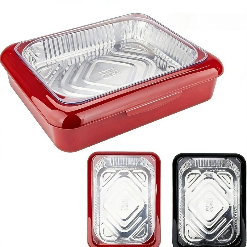 Reusable Food Storage Tray Set 4PCS 2-in-1 Plastic Serving Tray with Foil Trays – Holiday Party Containers for Christmas, Thanksgiving, BBQ & Outdoor Gatherings, White, Red & Black