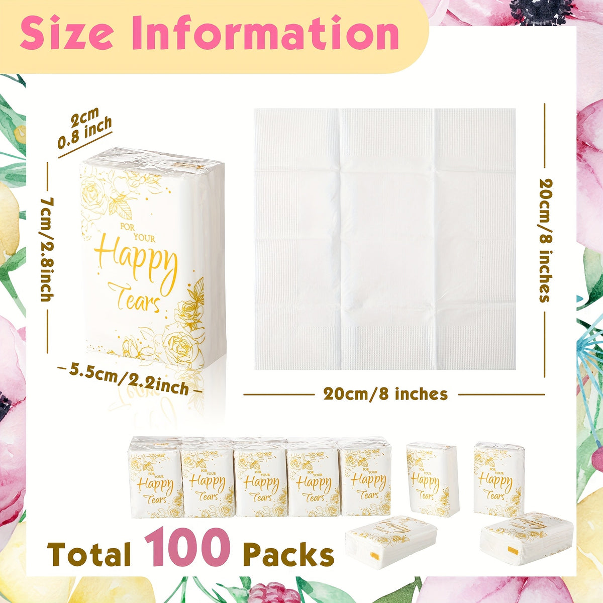 Wedding Tissue Packs 100 Count Happy Tears Pocket Tissues 3-Ply Mini Travel Size for Wedding Favors Welcome Bags Party Ceremony Graduation Guests